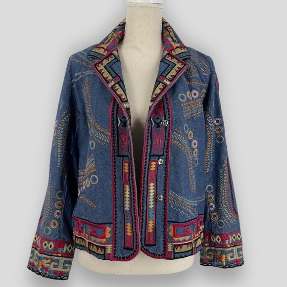 Coldwater Creek Embroidered Bohemian Hippie Denim Jacket Long Sleeve Womens PS - Picture 12 of 16